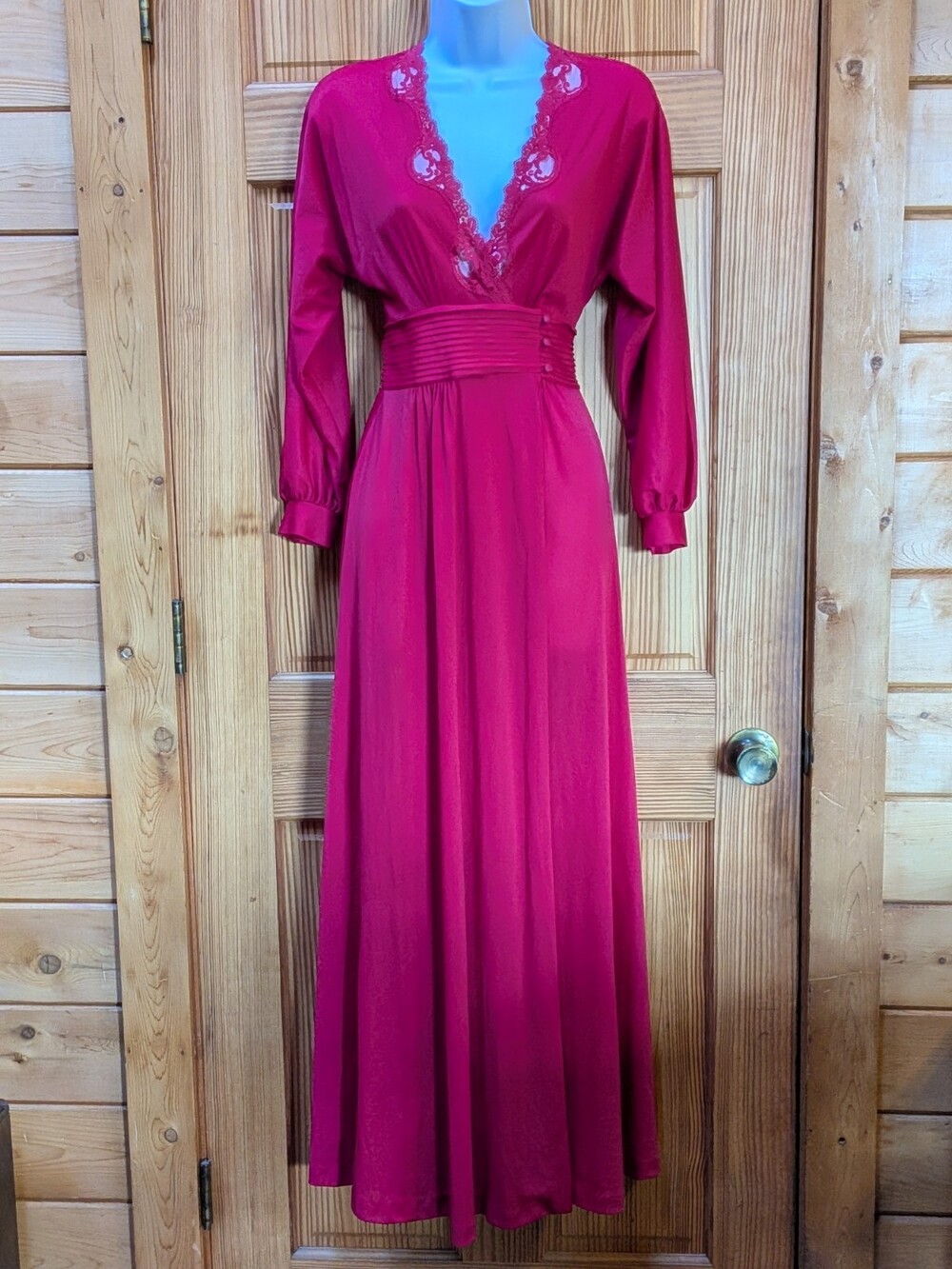 VTG Lily Of France Fuchsia Petite S Maxi Robe Victorian LS Lace USA Union Made